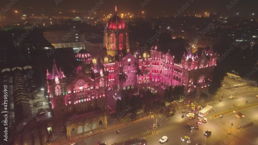 A drone shot of the Brihanmumbai Municipal Corporation (BMC) building near CST Terminus in Mumbai. In this aerial view special lights highlight the building structure at night for Diwali.