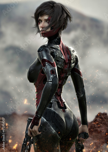 A sci fi assassin completing her task , turning her attention to her next target. 3d rendering