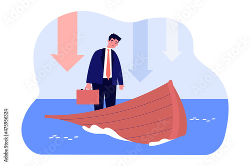 Despair, stress and risk of businessman in sinking broken boat. Financial problem of man flat vector illustration. Crisis, bankruptcy, accident concept for banner, website design or landing web page