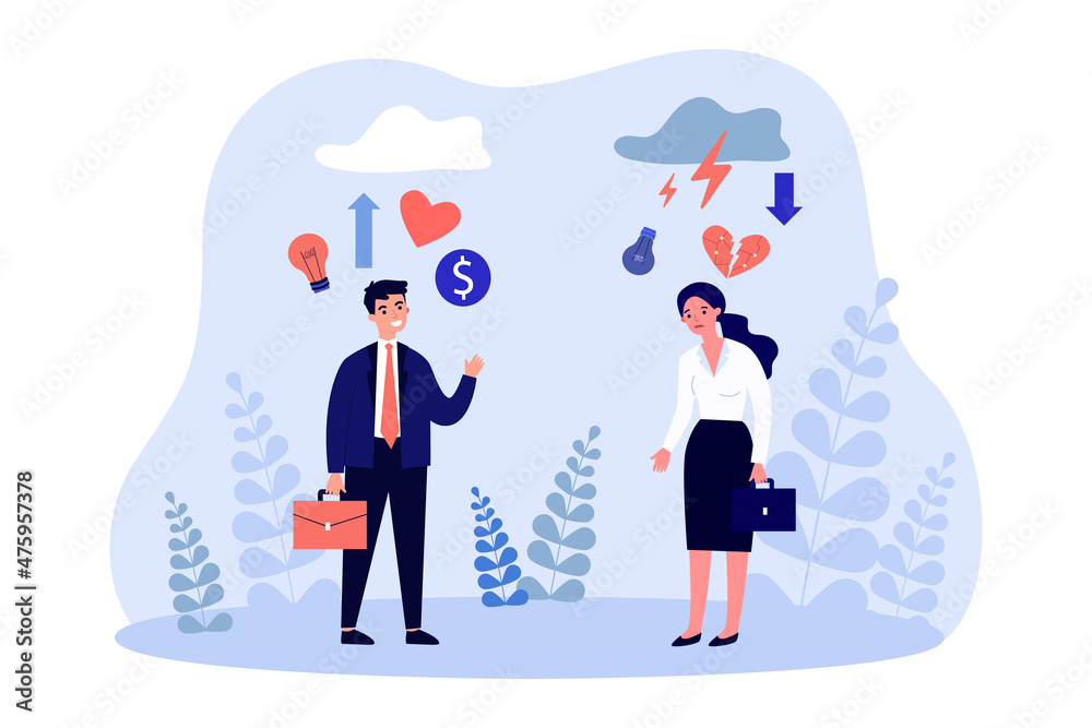 Comparison between happy and sad business people. Man with money and ideas, woman in despair flat vector illustration. Success and failure concept for banner, website design or landing web page Comparison between happy and sad business people. Man with money and ideas, woman in despair flat vector illustration. Success and failure concept for banner, website design or landing web page