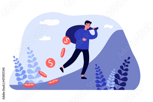 Man carrying torn bag with hole and leaking coins. Leakage and money loss of male character flat vector illustration. Financial risk, loan concept for banner, website design or landing web page