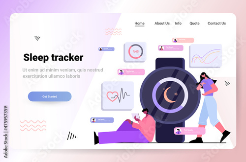 people using electronic smart watch app tracker on hand quality and quantity sleep control concept