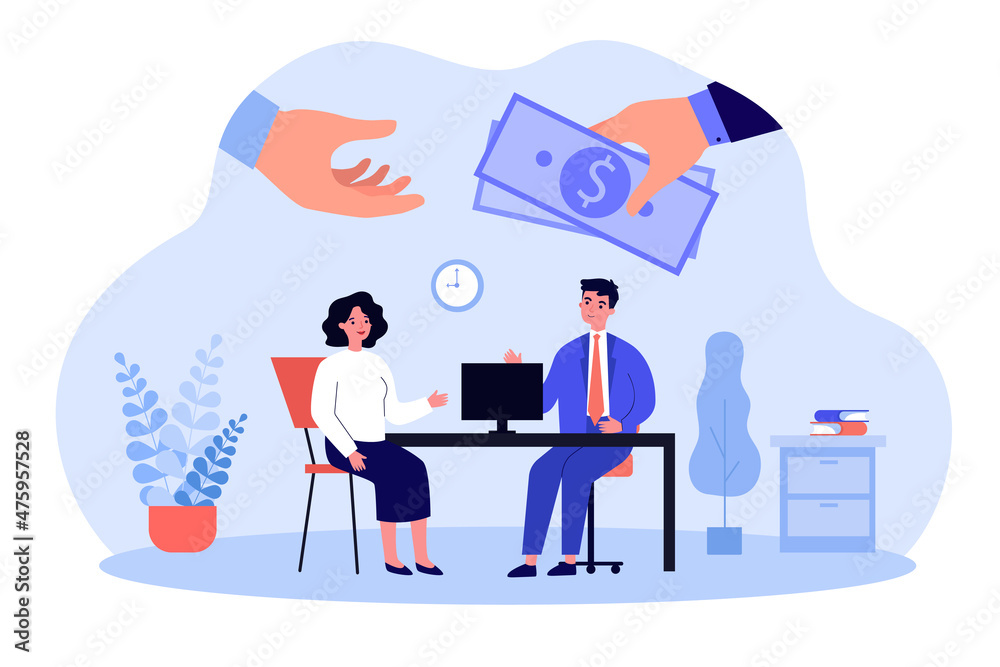 Hand giving money bribe to businessman in corrupt company. Man and woman sitting at office table flat vector illustration. Bribery, corruption concept for banner, website design or landing web page Hand giving money bribe to businessman in corrupt company. Man and woman sitting at office table flat vector illustration. Bribery, corruption concept for banner, website design or landing web page
