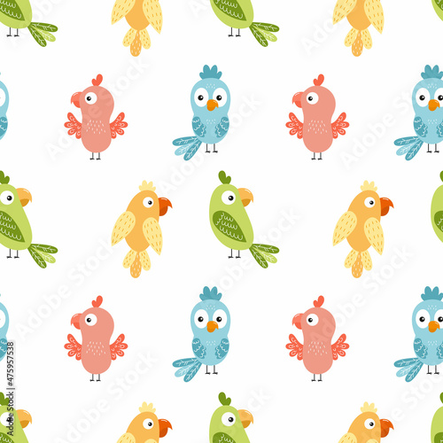 Seamless baby pattern with cute parrot. Background children room. Tailoring  printing on fabric and textiles. Endless wallpaper.
