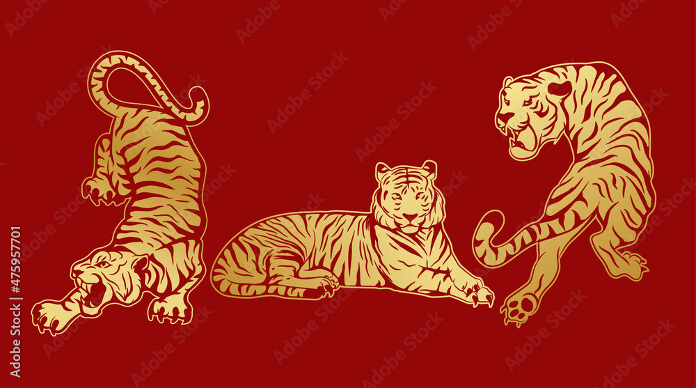 chinese tiger year icon vector illustration design with gold color