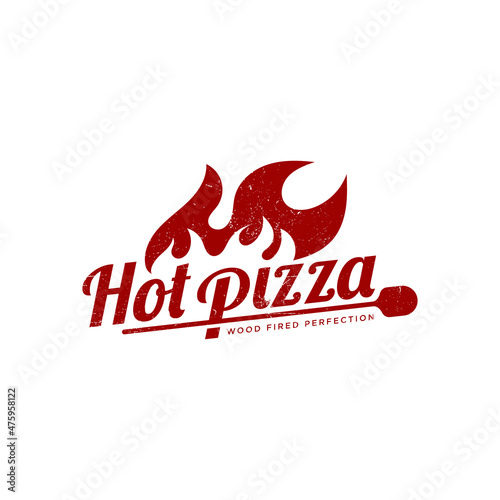 Hot Pizza cafe logo, pizza icon, emblem for fast food restaurant. Vector hand lettering pizza logo on white background