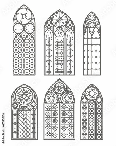 Gothic windows outline set. Silhouette of vintage stained glass church frames. Element of traditional european architecture. Vector