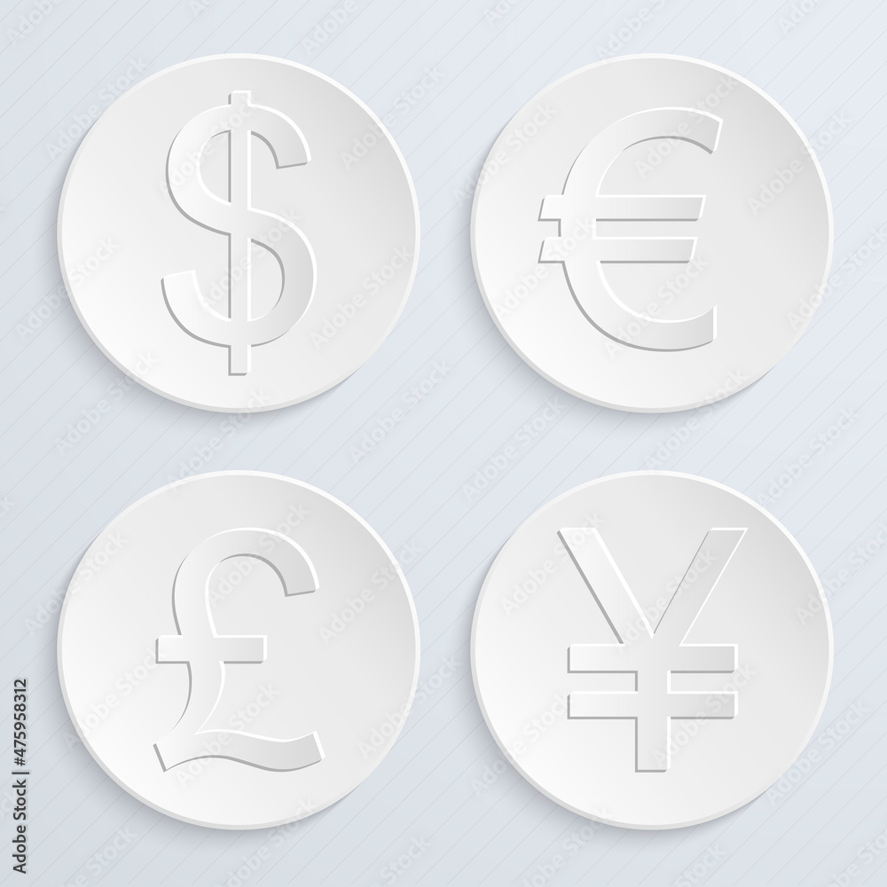 White currency symbol icons collection set. Dollar, euro, pound, yen. Vector illustration. White currency symbol icons collection set. Dollar, euro, pound, yen. Vector illustration.