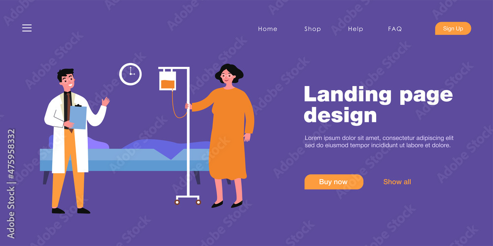 Young doctor and old woman in hospital. Flat vector illustration. Medical worker visiting patient, giving recommendations, doing medical inspection. Medical help, health, treatment, hospital concept