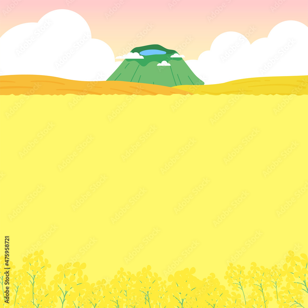 제주도 일러스트_유채꽃밭과 한라산이 보이는 풍경. 노란색 배경. Stock-Vektor | Adobe Stock