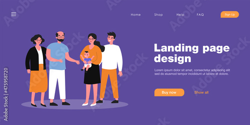 Happy parents showing newborn to grandparents. Baby, grandpa, grandma flat vector illustration. Family and parenthood concept for banner, website design or landing web page