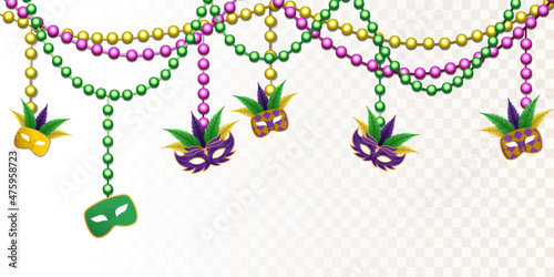 mardi gras with beads and a hanging mask. isolated on transparent background. vector design illustration