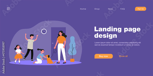 Happy kids greeting mother with dog. Home, pet, happiness flat vector illustration. Family and domestic animals concept for banner, website design or landing web page