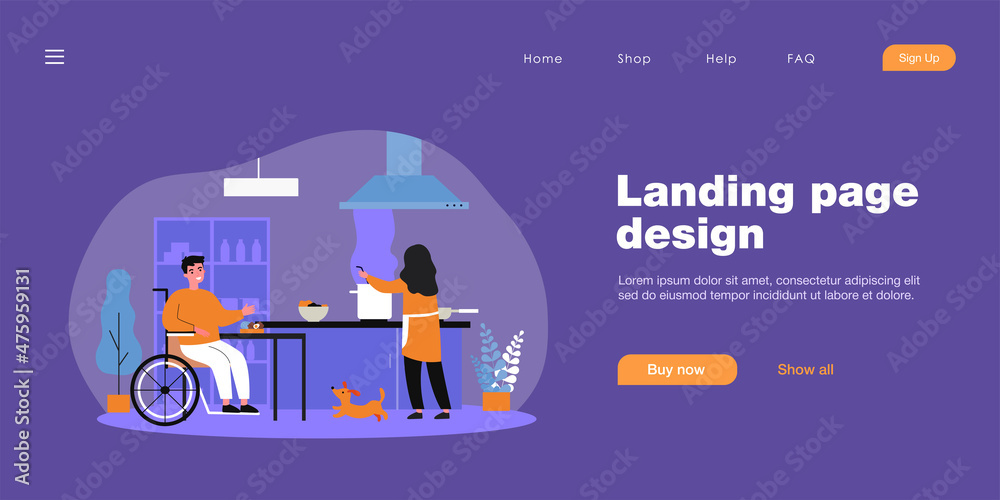 Wife cooking for her disabled husband. Cartoon vector illustration. Woman cooking dinner for smiling man sitting in wheelchair and happy dog in kitchen. Family, care, cooking, disability concept Wife cooking for her disabled husband. Cartoon vector illustration. Woman cooking dinner for smiling man sitting in wheelchair and happy dog in kitchen. Family, care, cooking, disability concept