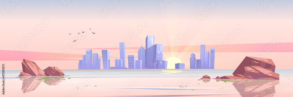 Lake or river with stones in water, city buildings and sun on horizon at sunrise. Vector cartoon illustration of dawn, sea landscape with skyscrapers on skyline and flying birds in morning