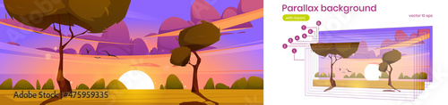 Parallax background Cartoon dusk nature landscape, green field with grass and trees under sky with sun at purple fluffy clouds separated layers template for 2d game animation, Vector illustration