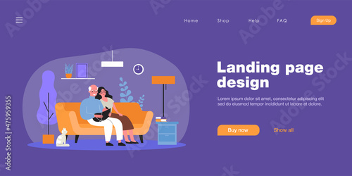 Cartoon grandparents and little grandchild. Flat vector illustration. Grandfather, grandmother sitting on couch, holding little baby in blue blanket with cat beside. Family, grandparents, pet concept