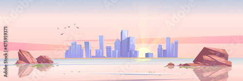 Lake or river with stones in water, city buildings and sun on horizon at sunrise. Vector cartoon illustration of dawn, sea landscape with skyscrapers on skyline and flying birds in morning