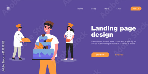 Happy confectioner holding big cake. Smiling cook finishing order, proud colleagues flat vector illustration. Cooking, cafe, restaurant concept for banner, website design or landing web page