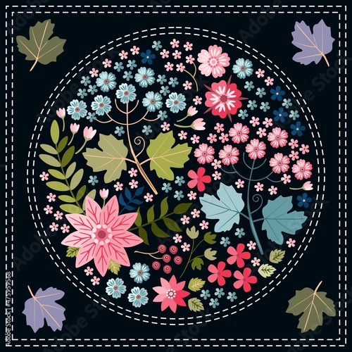 Napkin or pillowcase with round floral arrangement in center, bounded by double stitching, and viburnum leaves at corners. Multicolored flowers and buds on black background. Imitation of embroidery.