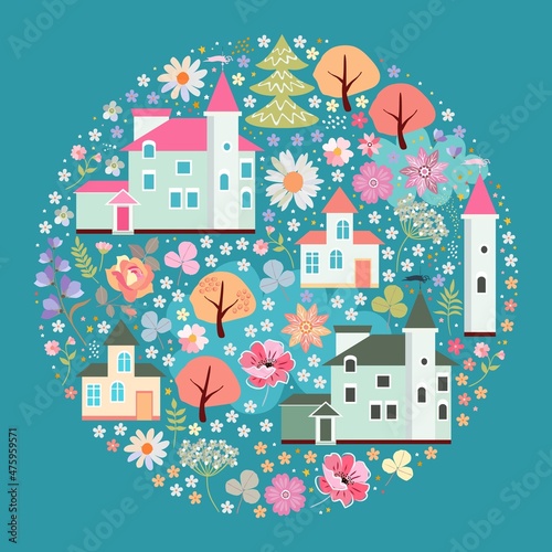Napkin or pillowcase with a round fabulous ornament in the center. A magical city with castles and towers and many different flowers and trees in between. Graphic drawing on a cold green background.