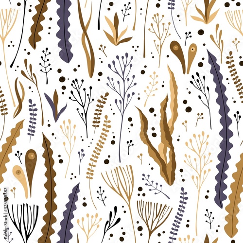 Seamless ornament with brown, purple and black seaweed on a white background. Marine background. Sea vector pattern for fabric, wallpaper.