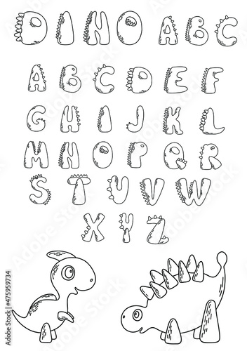 English alphabet with dinosaurs. Graphic childrens illustration. Learning and creativity material for poster and colouring page. Hand draw font for your design.