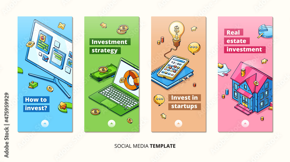 Investment concept banners. Social media template for financial content, invest in startup and real estate. Vector posters of finance strategy with isometric computer, house, graph and money