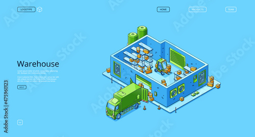 Warehouse banner with storage building, truck, forklift and cardboard boxes. Vector landing page of storage and delivery logistic infrastructure with isometric illustration of storehouse