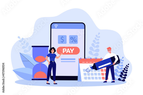 Tiny people and online calendar app for monthly payment. Person marking deadline date on digital planner flat vector illustration. Payday, loan, concept for banner, website design or landing web page photo