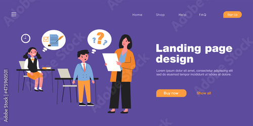 Cartoon teacher conducting class for excellent and bad pupils. Flat vector illustration. Teacher asking confused boy question and girl thinking about right answer. Education, school, grade concept