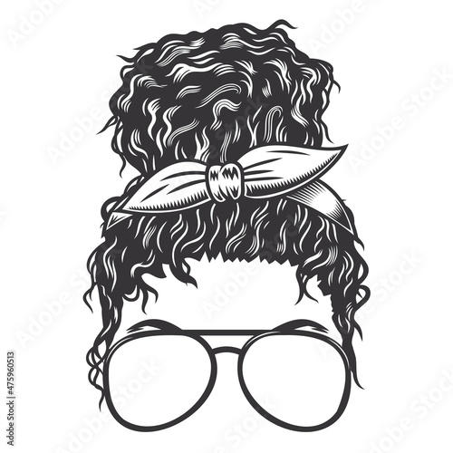 Woman face with Afro Messy Bun with glasses vintage hairstyles vector line art illustration.