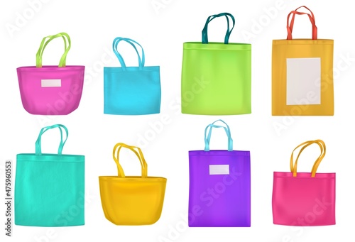 Colored cotton eco bags, fabric tote different shapes. Vector realistic mockup of textile reusable ecobags for shopping and beach with handles and blank labels isolated on white background