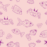 fish, crab, shell, starfish seamless pattern hand drawn doodle. vector, minimalism, scandinavian, trendy colors 2022. marine life, sea, ocean. wallpaper, textile, background, wrapping paper.