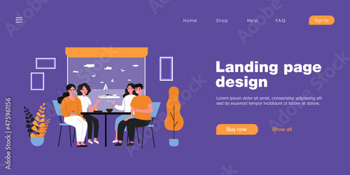 Happy friends on vacation having meal together. Couples chatting at table, motor boat outside window flat vector illustration. Holiday, voyage concept for banner, website design or landing web page