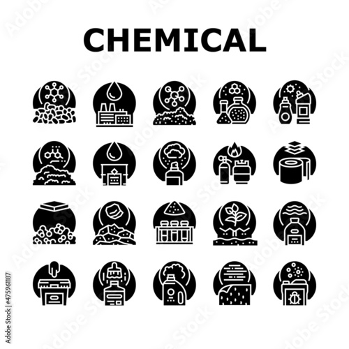 Chemical Industry Production Icons Set Vector. Polymers And Petrochemicals, Glue And Aerosol Spray, Rubber And Paint Varnish Chemical Industry Manufacturing Glyph Pictograms Black Illustrations