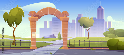 Summer landscape with stone arch entrance to public park, metal fence and city buildings on skyline. Vector cartoon illustration of town garden with archway portal, skyscrapers, green grass and trees