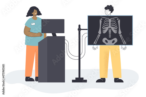 Cartoon medical person taking X-ray for patient and making diagnosis. Bones examination in clinic or hospital flat vector illustration. Radiology, scanner equipment and skeleton diagnostics concept