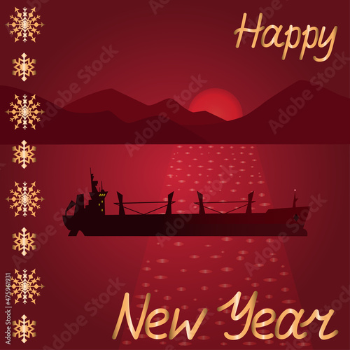 Happy New Year greetings card with lettering, snowflakes and side view of dry cargo bulker ship in the sea in festive red and golden colors. Season greetings for shipping and maritime industry
