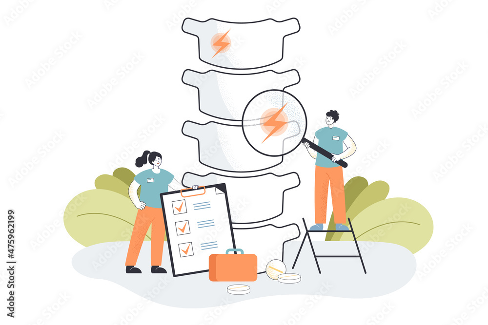 Tiny chiropractors examining spine, setting diagnosis and recommending treatment. Patient having bone injury flat vector illustration. Osteopathy, back pain, anatomy, health care concept
