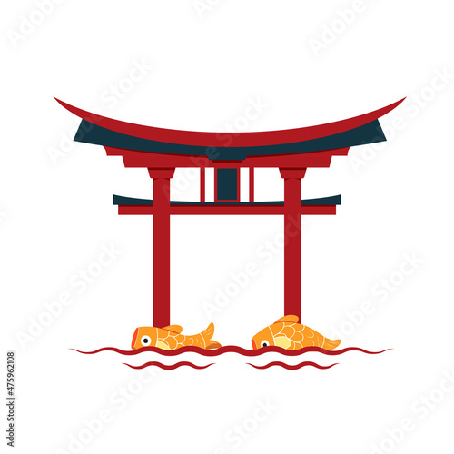 Japanese Torii gate with koi fish, koinobori. Symbol of Japan, shintoism religion. Red wooden sacred tori arch. Ancient entrance, Eastern heritage and landmark. Oriental religious architecture