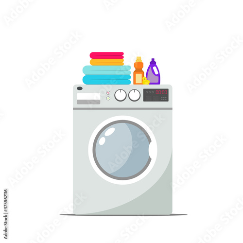 Washing machine with piece of clothes, soap, and rubber duck. Flat style illustration