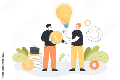 Initiative advisor giving financial support to startup worker. Professional investor or sponsor funding business idea flat vector illustration. Entrepreneurship, investment, coworking concept