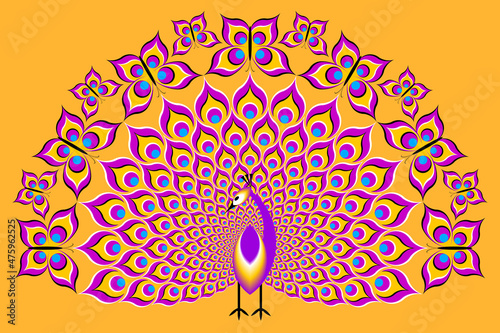 Yellow peacock and butterflies. Optical expansion illusion.
