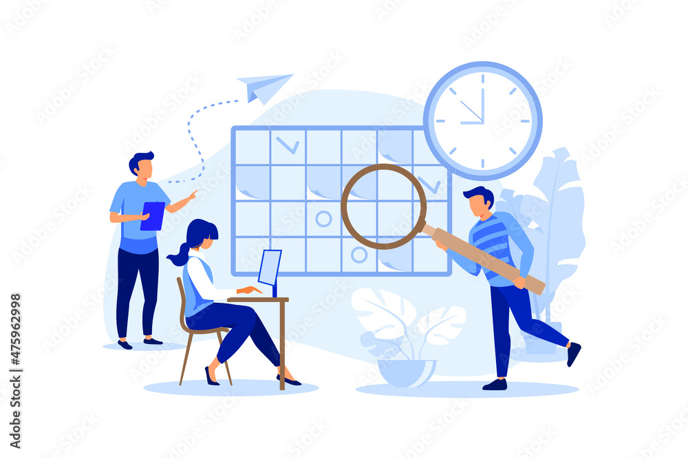 whiteboard with schedule plans, work planning, daily routine, people filling out the schedule in the table vector flat modern design illustration whiteboard with schedule plans, work planning, daily routine, people filling out the schedule in the table vector flat modern design illustration