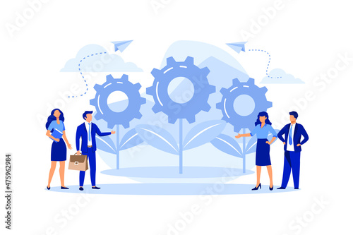 team work on finding new ideas, little people start the mechanism as a plant, search for new solutions, creative work vector flat modern design illustration