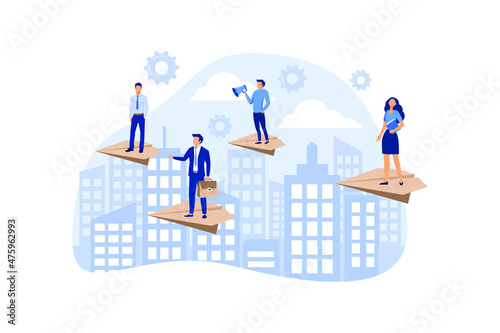 man seeks up on a paper plane, achieving a goal, the path to success is motivation, career advancement, search for ideas, teamwork vector flat modern design illustration