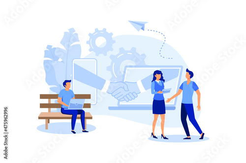 online conclusion of the transaction. the opening of a new startup. business handshake, via phone and laptop. vector illustration in a flat style investor holds money in ideas online vector flat 