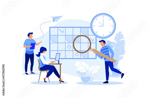 whiteboard with schedule plans, work planning, daily routine, people filling out the schedule in the table vector flat modern design illustration