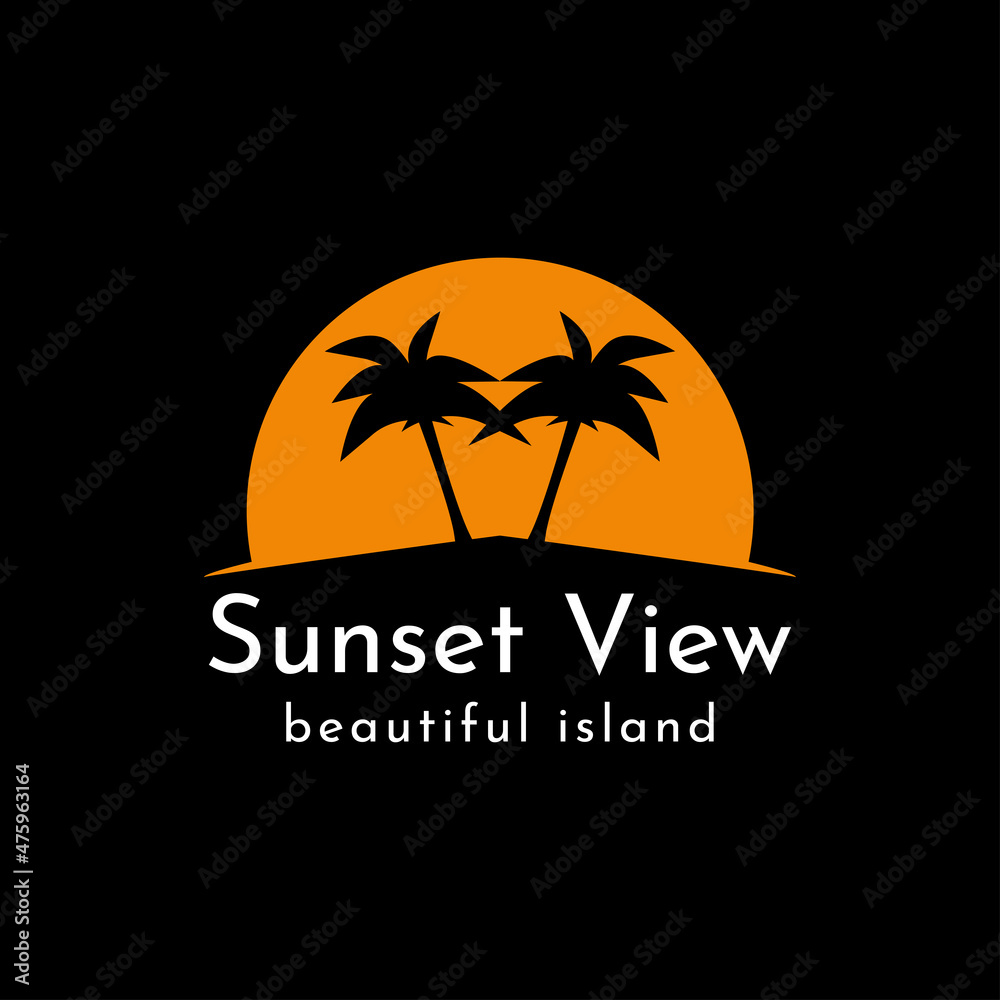 Beautiful Palm Tree Sunset View Logo on Tropical Beach